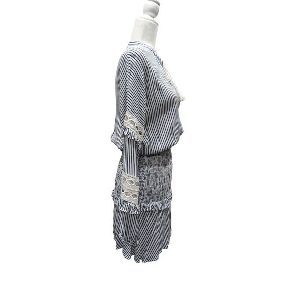 Aqua Anthropologie Striped Smocked Long Sleeve Crochet Tassel Tie Mini Dress, XS - Picture 10 of 14